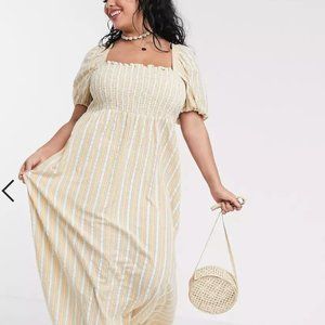 ASOS Curve Shirred Bustier Maxi with Puff Sleeve in Seersucker Stripe